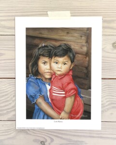 painting of girl in blue dress holding her little brother wearing red in El Salvador