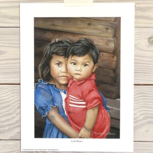 painting of girl in blue dress holding her little brother wearing red in El Salvador