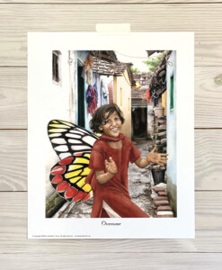 Indian girl with butterfly wings dancing in ally in Calcutta