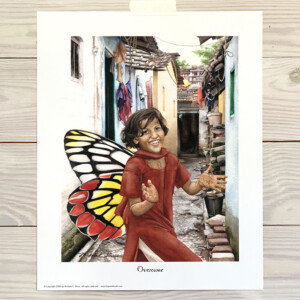 Indian girl with butterfly wings dancing in ally in Calcutta