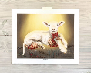 art print of God's hands offering a slain lamb whose blood drips onto 9 tragic words