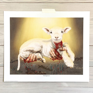 art print of God's hands offering a slain lamb whose blood drips onto 9 tragic words