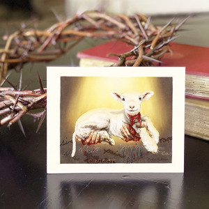 notecard of God's hands offering a slain lamb whose blood drips on 9 tragic words.