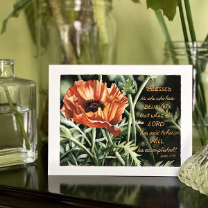 A notecard with a painting of an orange poppy flower and Luke !:45