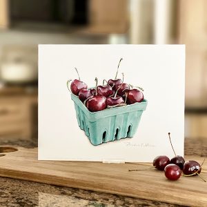 art print of fresh cherries in a green carton