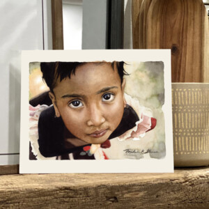 Watercolor art print of a young girl from India looking up at the viewer