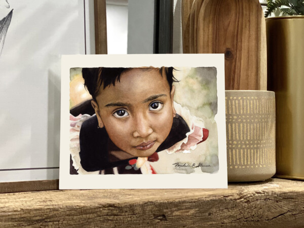 Watercolor art print of a young girl from India looking up at the viewer